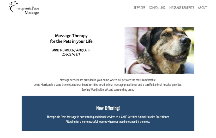 Therapeutic Paws Massage website